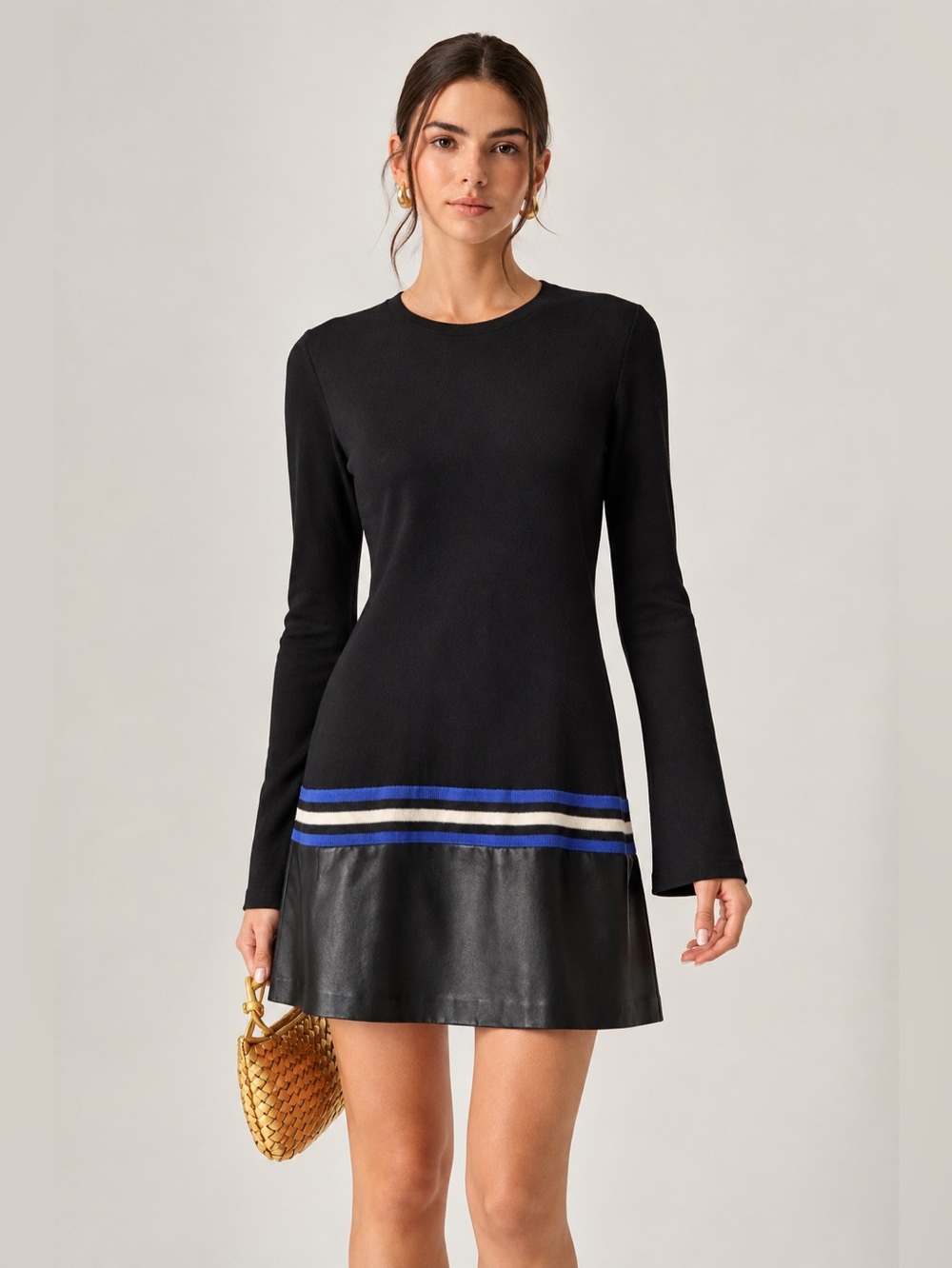 Bailey 44 Black Midi Dress with faux Leather bottom S